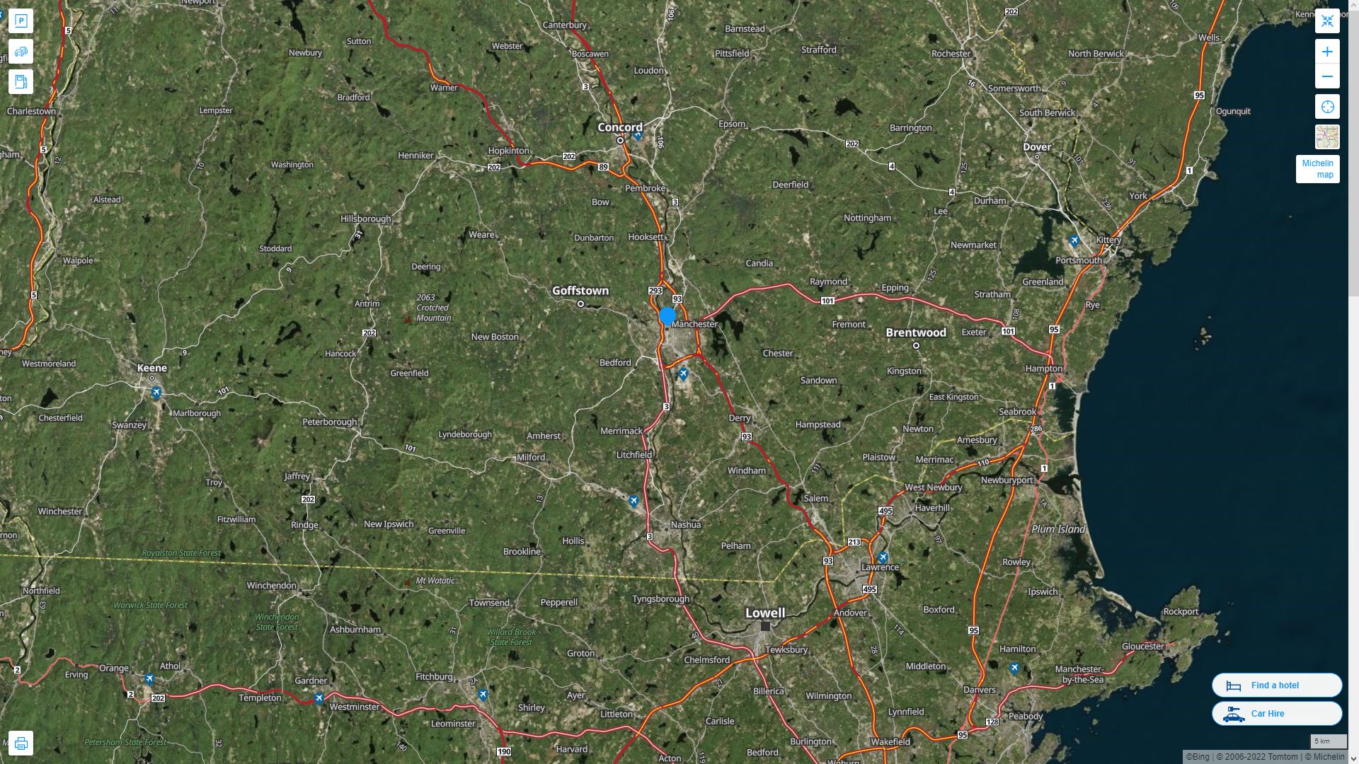 Manchester New Hampshire Highway and Road Map with Satellite View